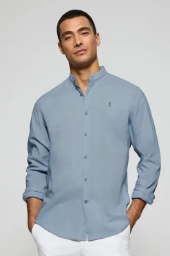 Polo Club Chemises*Chemise bleu clair à col Mao en lin et coton avec broderie Rigby Go Bleu Ciel