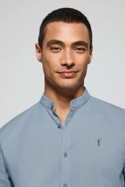 Polo Club Chemises*Chemise bleu clair à col Mao en lin et coton avec broderie Rigby Go Bleu Ciel