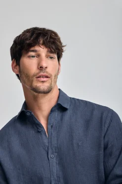 Polo Club Chemises*Chemise en lin garment dye avec monogramme brodé Bleu Marine