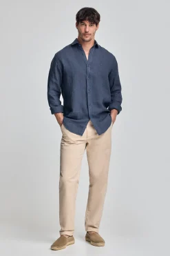 Polo Club Chemises*Chemise en lin garment dye avec monogramme brodé Bleu Marine