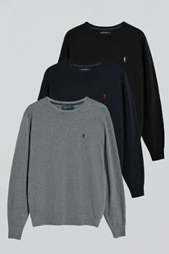 Polo Club Pulls|Packs*Lot de trois T-shirts bleu marine, noir et gris chiné en maille à col ras du cou et Rigby Go brodé Multicolore