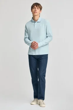 Polo Club Polos*Polo bleu clair à manches longues et deux boutons avec écusson griffé Bleu ciel