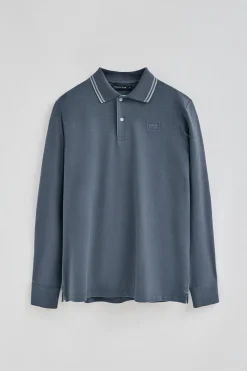 Polo Club Polos*Polo bleu à manches longues et deux boutons avec écusson griffé Denim