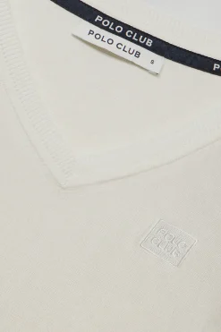 Polo Club Pulls*Pull basique couleur glacier à col en V et logo brodé ton sur ton Beige