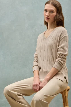 Polo Club Pulls*Pull tressé à col en V avec monogramme brodé Beige