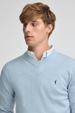 Polo Club Pulls*Pull à col en V en laine mélangée avec broderie Rigby Go Bleu Clair Chiné
