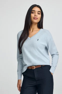 Polo Club Pulls*Pull à col en V en laine mélangée avec broderie Rigby Go Bleu clair chiné