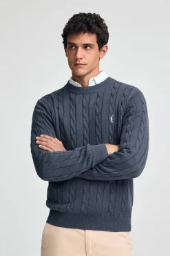 Polo Club Pulls*Pull bleu en maille tressée en laine mélangée avec broderie Rigby Go Denim
