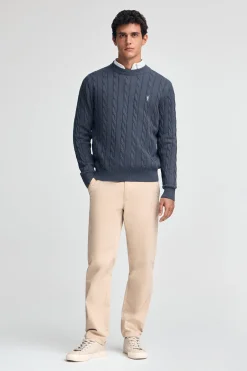 Polo Club Pulls*Pull bleu en maille tressée en laine mélangée avec broderie Rigby Go Denim