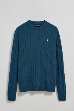 Polo Club Pulls*Pull bleu en maille tressée à col ras du cou et broderie Rigby Go Denim