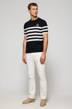 Polo Club T-Shirts|Pulls*Pull à manches courtes rayé avec blason nautique Bleu Marine