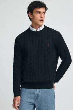 Polo Club Pulls*Pull en maille tressée en laine mélangée avec broderie Rigby Go Bleu Marine