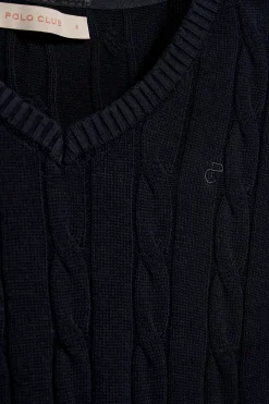 Polo Club Pulls*Pull tressé à col en V avec monogramme brodé Bleu Marine
