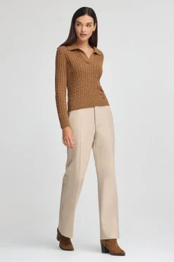 Polo Club Pulls*Pull camel chiné en maille tressée avec col polo Caramel Chiné