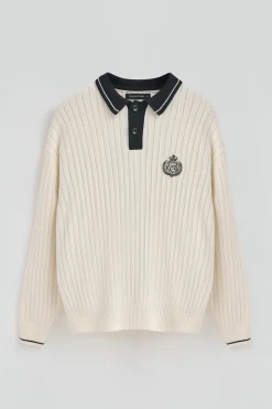 Polo Club Pulls*Pull écru et bleu marine à col polo avec écusson nautique Écru-Marine