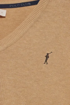 Polo Club Pulls*Pull en maille à col en V couleur caramel, avec logo Rigby Go brodé Caramelo Vigoré