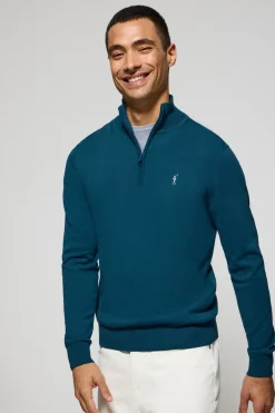 Polo Club Pulls*Pull en maille bleu vert zippé et logo Rigby Go brodé Vert Bleuâtre