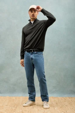Polo Club Pulls*Pull gris à fermeture éclair partielle garment dye et logo brodé Asphalte