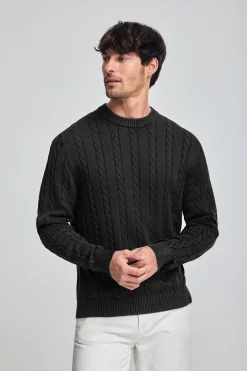Polo Club Pulls*Pull gris tressé garment dye et logo brodé Asphalte