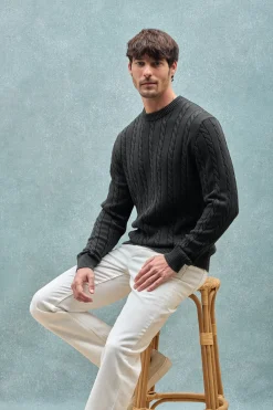 Polo Club Pulls*Pull gris tressé garment dye et logo brodé Asphalte
