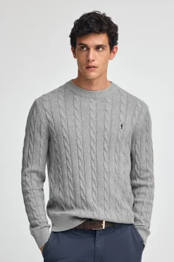 Polo Club Pulls*Pull en maille tressée en laine mélangée avec broderie Rigby Go Gris Chiné