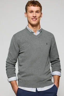 Polo Club Pulls*Pull gris chiné en maille à col en V et broderie Rigby Go Gris Vigore