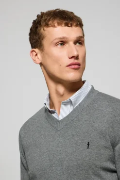 Polo Club Pulls*Pull gris chiné en maille à col en V et broderie Rigby Go Gris Vigore