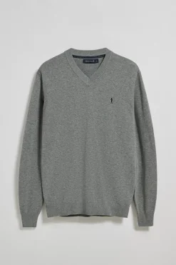 Polo Club Pulls*Pull gris chiné en maille à col en V et broderie Rigby Go Gris Vigore