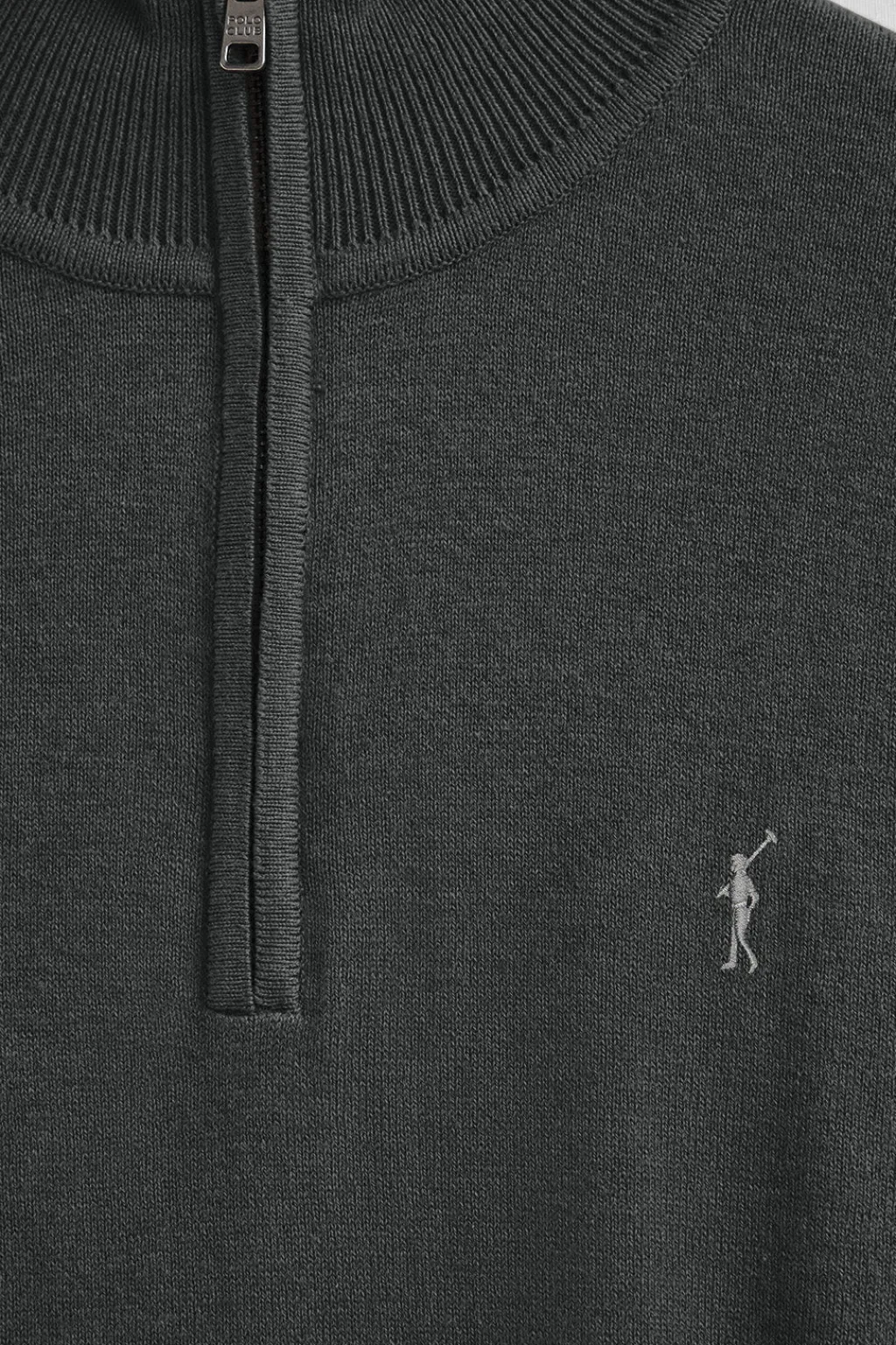 Polo Club Pulls*Pull gris foncé chiné à fermeture éclair partielle en laine mélangée avec broderie Rigby Go Vigoré Gris Foncé