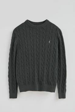 Polo Club Pulls*Pull gris foncé chiné en maille tressée en laine mélangée avec broderie Rigby Go Vigoré Gris Foncé
