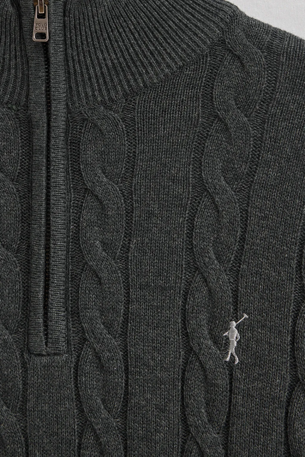 Polo Club Pulls*Pull gris foncé chiné en maille tressée en laine mélangée avec fermeture éclair partielle et broderie Rigby Go Vigoré Gris Foncé
