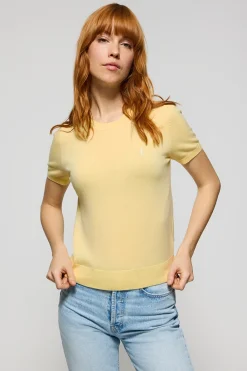 Polo Club Pulls*Pull jaune pâle en maille à col ras du cou à manches courtes et logo Rigby Go Jaune tendre