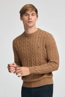 Polo Club Pulls*Pull marron chiné en maille tressée en laine mélangée avec broderie Rigby Go Brun Chiné