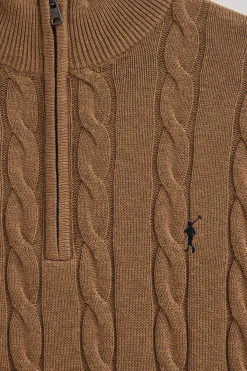 Polo Club Pulls*Pull marron chiné en maille tressée en laine mélangée avec fermeture éclair partielle et broderie Rigby Go Brun Chiné
