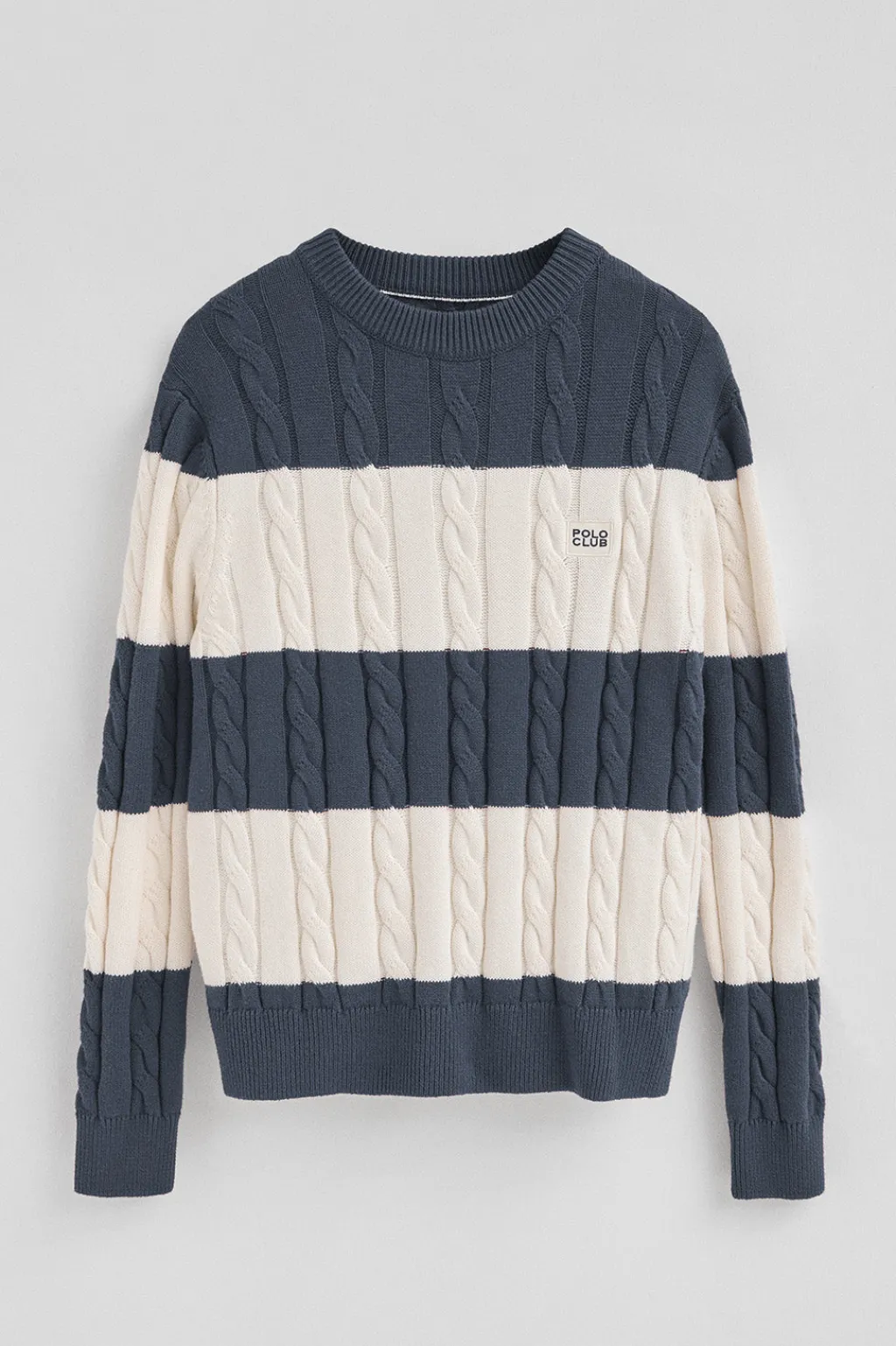 Polo Club Pulls*Pull rayé bleu denim écru avec en maille tressée et écusson Denim-Écru Blanc