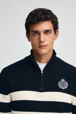 Polo Club Pulls*Pull rayé bleu marine et écru avec écusson nautique Bleu Marine-Écru