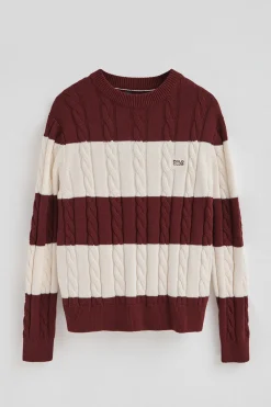 Polo Club Pulls*Pull rayé grenat et écru avec en maille tressée et écusson Grenat-Écru Blanc