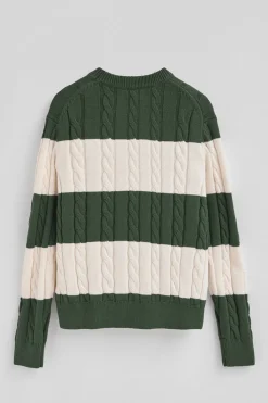 Polo Club Pulls*Pull rayé vert boue et écru avec en maille tressée et écusson Vert Boue-Écru Blanc