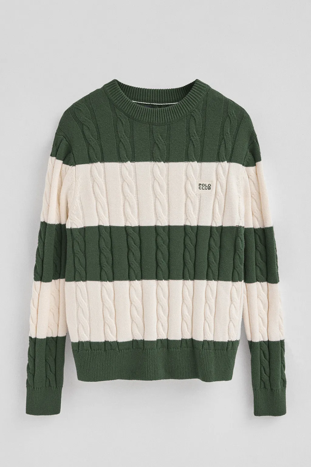Polo Club Pulls*Pull rayé vert boue et écru avec en maille tressée et écusson Vert Boue-Écru Blanc