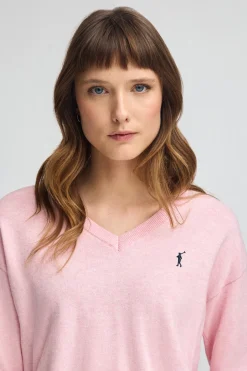 Polo Club Pulls*Pull rose chiné à col V en laine mélangée et broderie Rigby Go Forcer Le Rose
