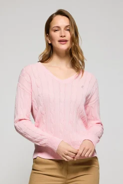 Polo Club Pulls*Pull tressé à col en V avec monogramme brodé Rose