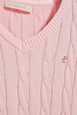Polo Club Pulls*Pull tressé à col en V avec monogramme brodé Rose