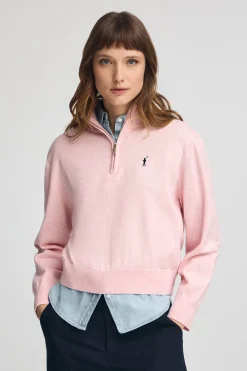 Polo Club Pulls*Pull Rrose chiné en laine mélangée à fermeture éclair partielle et broderie Rigby Go Forcer Le Rose