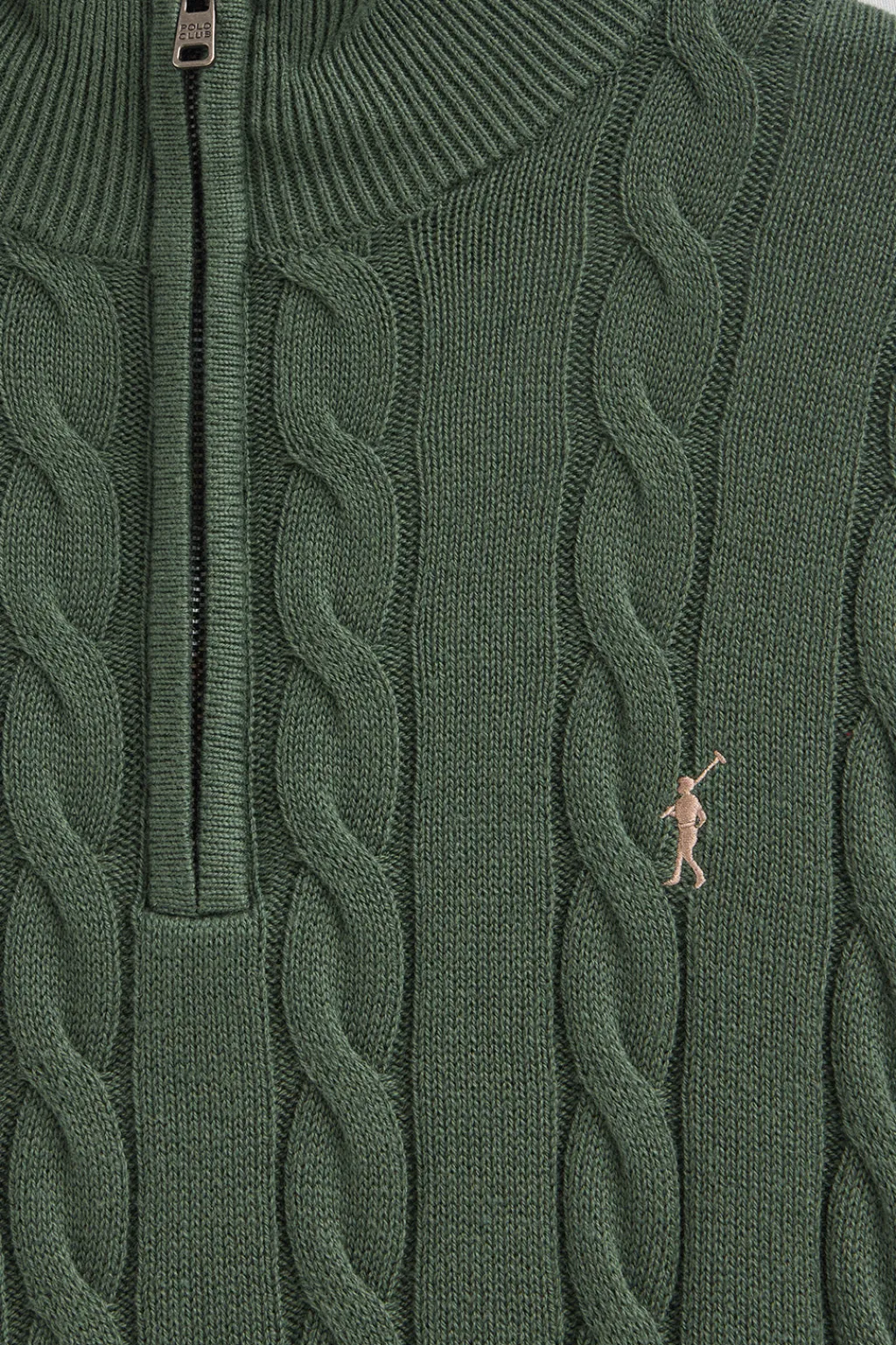 Polo Club Pulls*Pull vert boue en maille tressée en laine mélangée avec fermeture éclair partielle et broderie Rigby Go Vert chaud