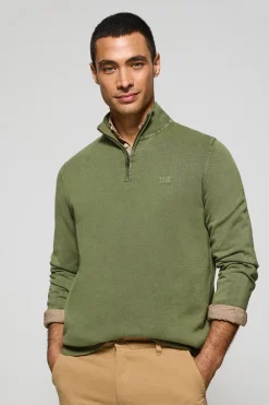 Polo Club Pulls*Pull vert clair à fermeture éclair partielle garment dye et logo brodé Vert sauge