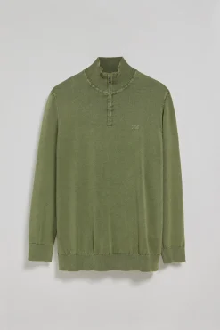Polo Club Pulls*Pull vert clair à fermeture éclair partielle garment dye et logo brodé Vert sauge