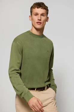 Polo Club Pulls*Pull vert clair garment dye à col ras du cou et logo brodé Vert sauge