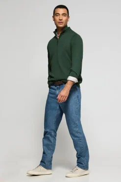 Polo Club Pulls*Pull vert émeraude à fermeture éclair partielle garment dye et logo brodé Émeraude foncée