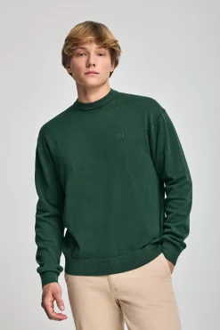 Polo Club Pulls*Pull vert émeraude garment dye à col ras du cou et logo brodé Émeraude foncée