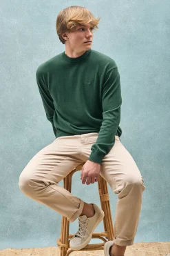 Polo Club Pulls*Pull vert émeraude garment dye à col ras du cou et logo brodé Émeraude foncée